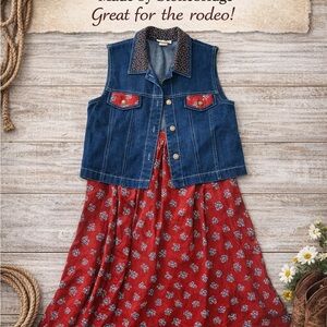 Denim and Red Floral Kids Casual Dress